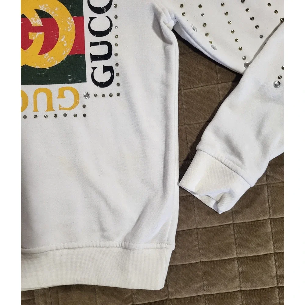 Gucci Distressed Logo Print Hoodie Ivory Size Medium W/Rhinestone Diamonds